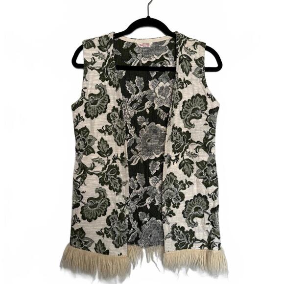 Jackets & Blazers - Vintage Green and Cream Floral Patterned Vest with Fringe Trim